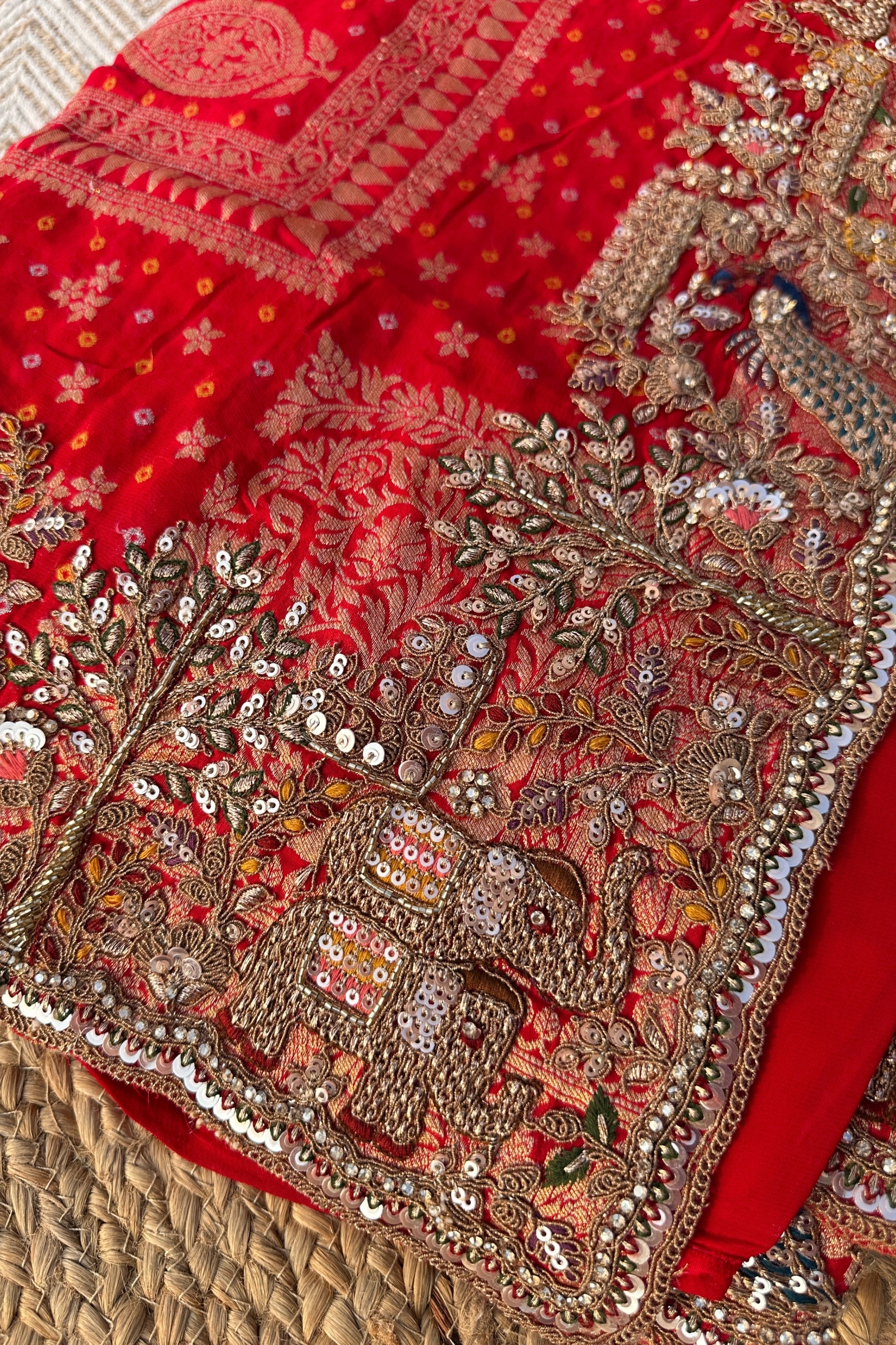 Red Georgette Unstitched Saree Embellished With Zarkan, Sequins, Thread & Cutdana work
